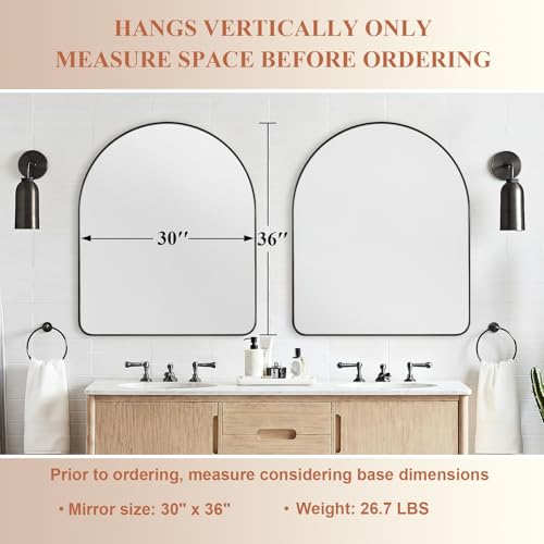 Image of ANDY STAR Arched Mirror, 30 x 36 Inch Black Wall Mirror in Stainless Steel Metal Frame, Arch Top Rounded Corner 1 Inch Deep Set Design Wall Mount Hangs Vertical