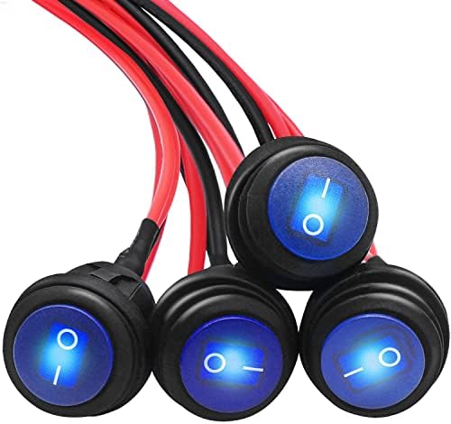 mankk 4Pcs Round Rocker Switch 12V Waterproof Toggle Switch SPST 3 Pin ON/Off Blue LED Lighted with Pre-soldered Wires for Car Auto Boat Trucks KCD1-5-101NW-BU-X