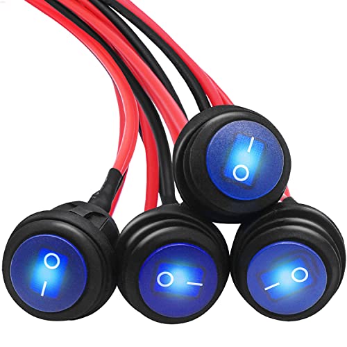 mankk 4Pcs Round Rocker Switch 12V Waterproof Toggle Switch SPST 3 Pin ON/Off Blue LED Lighted with...
