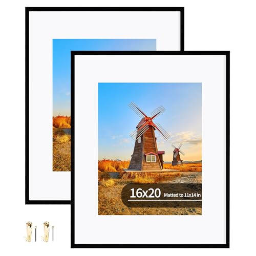 16x20 Metal Frames Set of 2, 16 x 20 Aluminum Photo Frames with 11x14 Mat - Sawtooth Hangers, Spring Clips for Wall Mounting Horizontal and Vertical(Black)