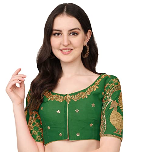 Image of Pujia Mills Women's Phantom Silk Embroidery Handwork & Sequin Work Peacock Design Half Sleeve Readymade Blouse (Mor Blouse Gold 38 Size+Margin)