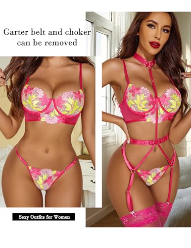 Image of Avidlove Garter Lingerie Sets for Women Sexy with Removable Choker Floral Embroidered Underwire Lingerie (No Stockings)