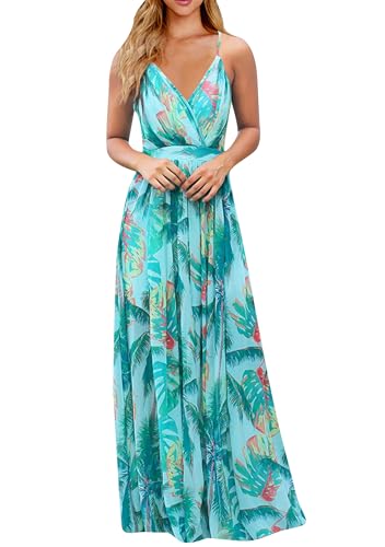 Yming Damen Flowy Spaghetti Strap Beach Dress Backless Party Outfits Kleid Long Tropical Hawaiian Dress 053 Hulan L