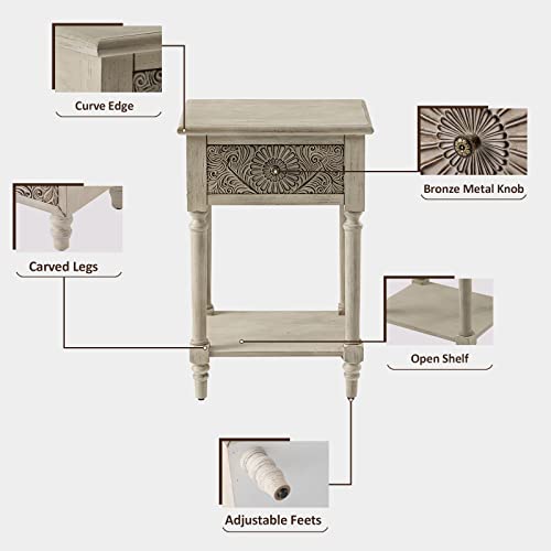 Hompus End Table Sets Of 2 With Drawer And Shelf, Vintage Nightstand Sets With Pattern Drawer, Wood Grain Bedside Table, Modern Side Table Small Accent Table For Living Room, Bedroom, Light Grey Grain #TOP5