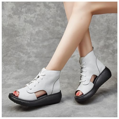 Women's Leather Hollow Out High Top Platform Roman Sandals Lace Up Chunky Wedge Fish Mouth Gladiator Sandals Summer Comfortable Soft Sole Anti Slip Open Toe Boot Sandals3