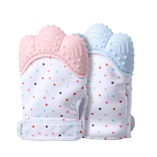 Baby Zahnen Handschuh,Aranticy 2 Stück Beißringe Fäustling Teething Mitt Glove Soothing selbstberuhigende Schmerzlinderung Silikon Zahnen Fäustlinge Schützt Babys Hände von Speichel Kauen Artikel Cover