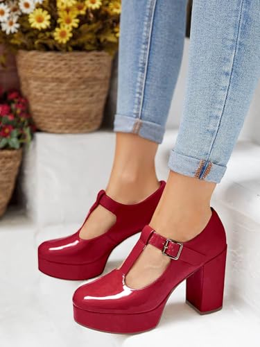 Image of Coutgo Womens' T-Strap Round Toe Chunky Platform Heels Patent Mary Jane Dress Shoes