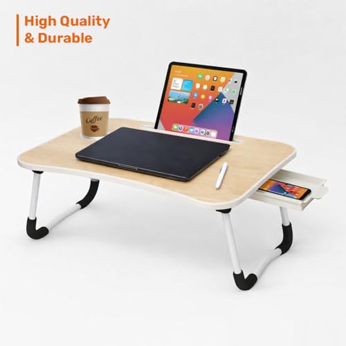 Image of GoRogue Foldable Wooden Mini Laptop Table for Bed, Study Table with Drawer, Tablet /Mobile Holder for Kids & Adults (Beige), 40 Centimeters, 60 Centimeters