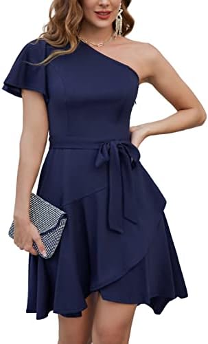 GRACE KARIN Cocktail Dresses for Women Wedding Guest One Shoulder Ruffle Dress Irregular Hem Party Dress for Women Navy L