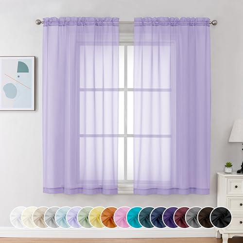 Image of Chyhomenyc Lilac Sheer Curtains 54 Inch Long 2 Panels, Light Filtering Rod Pocket Voile Short Curtains Drapes for Living Room Bedroom Small Windows, 42Wx54L Inches