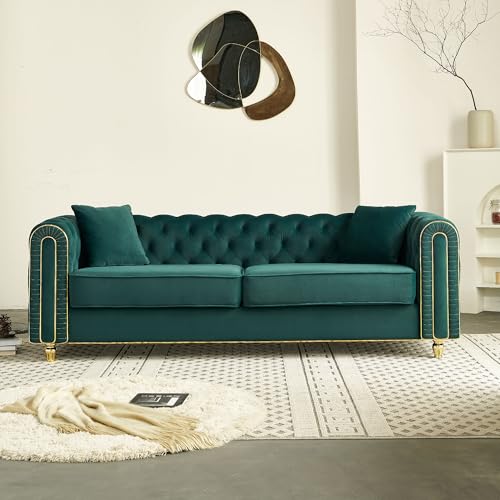 Image of KEIKI 86 inch Chesterfield Velvet Button Tufted Sofa with High Density Foam Cushions and 2 Toss Pillows, Modern Style 3-Seater Couch with Gold Strip Trim Decoration, Easy Assembly, for Living Room, Green