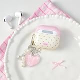 Reownest Etui na AirPods 4 z zestawem do czyszczenia, urocze różowe kropki estetyczny design serce brelok dziewczęcy miękki pokrowiec ochronny TPU na Airpods 4. generacji, beżowe serce