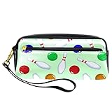 Federmäppchen mit bunten Bowlingkugeln und Pins, aus PU-Leder, mit Reißverschluss, für Jungen und Mädchen, Schul- und Bürobedarf