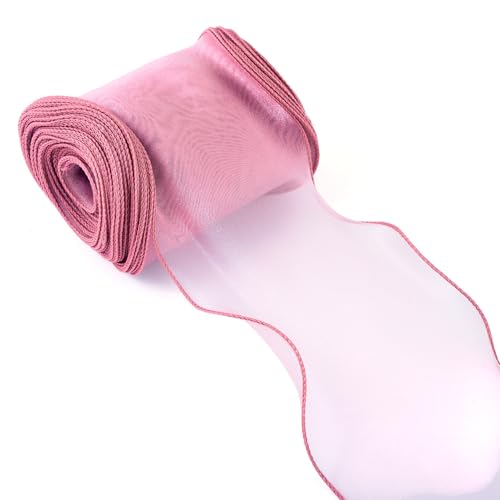 Beadthoven - Cinta de gasa de organza de 12 m de ancho, poliéster con borde ondulado, cinta de gasa transparente para lazo, coronas, ramos, decoración de ropa, manualidades, color marrón rosa