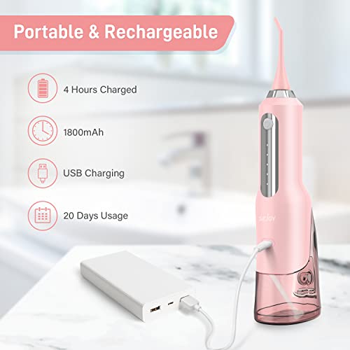 Sejoy Munddusche Kabellos Elektrische, Water Flosser Zahndusche IPX7 Wasserdicht 270ML Tragbar Oral Irrigator USB Aufladen Zahnreiniger Reisemunddusche für Zuhause Büro, mit 5 Modi und 5 Düsen, Rosa – Bild 6