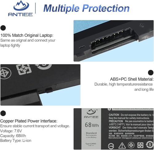Image of ANTIEE 68Wh GJKNX Laptop Battery Replacement for Dell Latitude 5480 5580 5280 5288 5290 5488 5490 5491 5495 5590 5591 E5480 E5580 E5590 E5490 Precision 15 3520 3530 GD1JP DY9NT 0DY9NT 5YHR4 451-BBZG | E5580 E5490 E5590 Precision 15 3520 3530 Netbook Battery GD1JP 0GD1JP DY9NT 0DY9NT 5YHR4 451-BBZG 7.6V 68Wh 8500mAh 4-Cell
