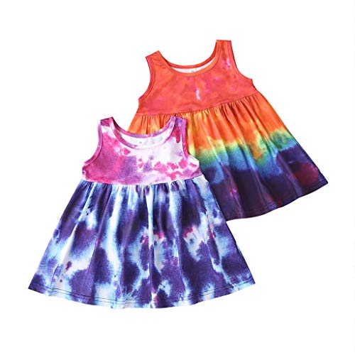 Toddler Infant Girls Sleeveless Colorful Tie Dye Graphic Pleated Dress Princess Rainbow Swing Dress Cute Playwear 1-5T (Rose red, 4-5 Years)