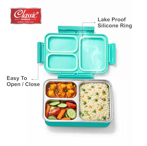 Image of Classic Steels Insulated 3-Compartment Stainless Steel Lunch Box for Kids & Adults | Leak-Proof Bento Box with Silicone Seal | BPA-Free & Food Grade, Green