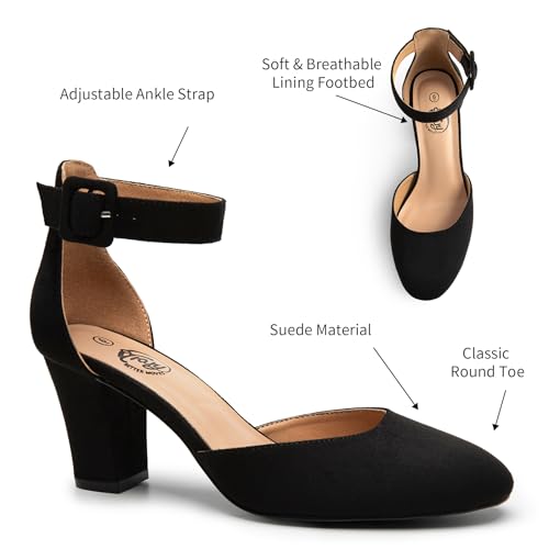 Trary Heels for Women, Low Heel Closed Round Toe Chunky Block Nude Heels Adjustable Ankle Strap Comfy Pumps Shoes Black Heels for Women Versatility Heels Wedding Daily Dressy 2.75" Heels4