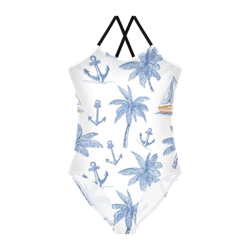 Palm Tree Sailboat Anchor Girls One Piece Swimsuits Summer Quick Dry Beach Bathing Suit
