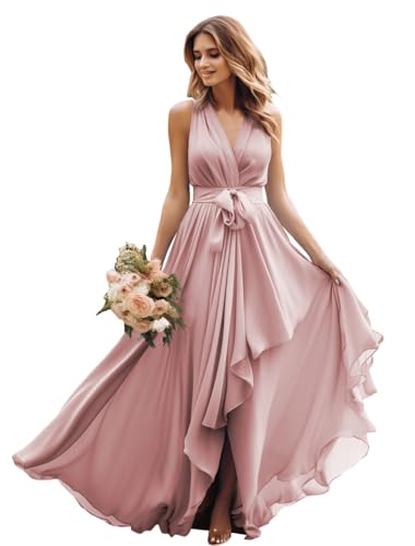 JIIL Damen Abendkleid Neckholder Elegant - Hochzeitsgast Kleid Große Größen Ärmellos Dunkel rosa 38