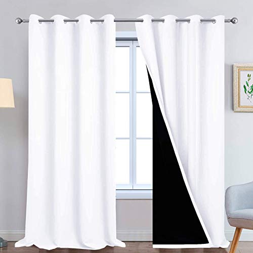 Image of Yakamok Pure White 100% Blackout Curtains 108 Inches Long 52 inch Wide 2 Panel | Blackout Curtain Panels for Bedroom, 2 Thick Layers Grommet Top Thermal Insulated Drapes with Black Liner for Living Room