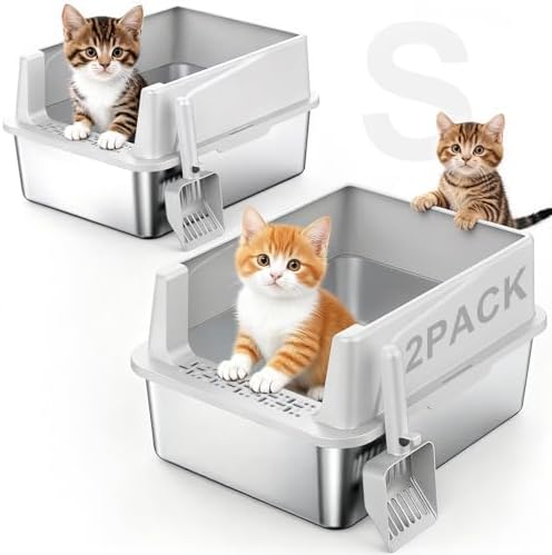 FURTIME 2 Pack Stainless Steel Cat Litter Box with Lid, Metal Kit...