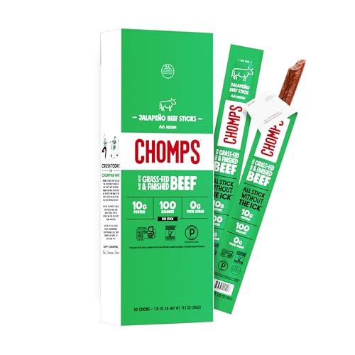 Chomps Grass-Fed and Finished Jalapeño Beef Jerky Snack Sticks 10-Pack - Keto, Paleo, Whole30, 10g Lean Meat Protein, Gluten-Free, Zero Sugar Food, Non-GMO