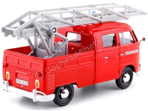 Motormax Volkswagen Type 2 (T1) Fire Truck con Escalera Aérea Feuerwehr Rojo Modelo de Auto Diecast 1/24 miniatura 2