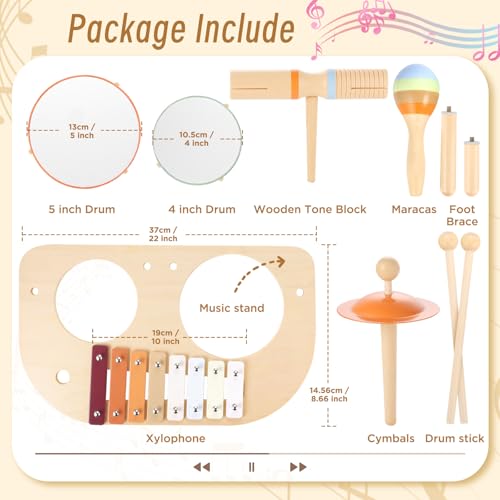 GAGAKU Wooden Musical Instruments for Toddlers Montessori Wooden Toys Percussion Instruments Toy for Toddler Preschool Educational Wooden Toys for Kids Xylophone Music Toys,Baby Drum Set (One-Piece) - Thumbnail 4