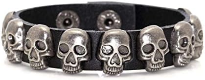 Xusamss Punk Rock Alloy Buckle Leather Wristband Skull Cuff Bracelet(Black Leather)