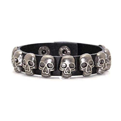 Xusamss Punk Rock Alloy Buckle Leather Wristband Skull Cuff Bracelet(Black Leather) #TOP3