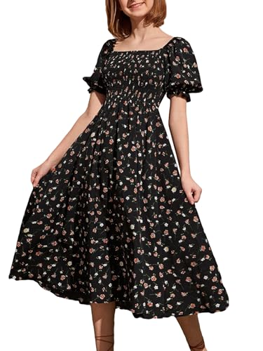 Floerns Girl's Floral Print Puff Short Sleeve Shirred A Line Long Dress