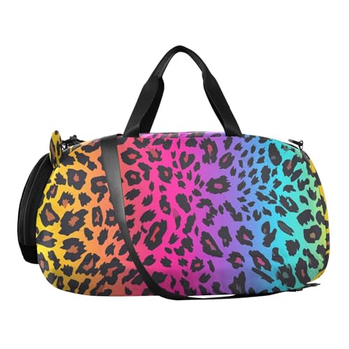 Leopard Rainbows Spots Girl's Gym Duffel Bag with Shoes Compartment Large Capacity Weekender Overnight Bags for Beach Swim Bags Pool Sports2