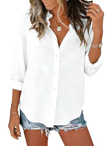JEKAOYI Womens Button Down Shirts Cotton Casual Long Sleeve Gauze Tops Collared Loose Fit Womens Blouses White