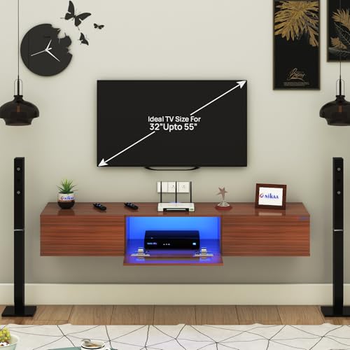 Image of Anikaa Lucen Wall Mount Modern Floating TV Unit for Living Room | 3 Closed Storage cabinets with hinged Door - Blue Color LED Light | Ideal for UP to 55 Inch TV (Walnut Finish - DIY Installation)