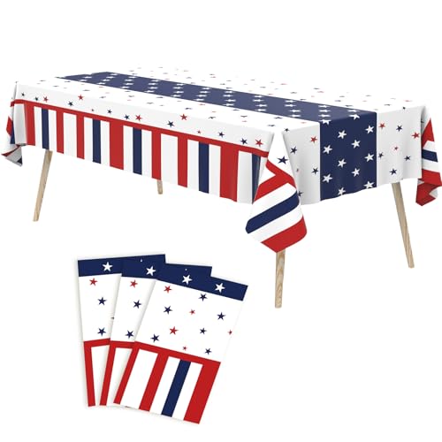 Tbsone 3 Pack 4th of July Patriotic Tablecloth, Disposable Red White and Blue Plastic Table Cloth, USA Party Decorations, Independence Day Supplies for Outdoor Picnic, Camping, Memorial, or Home