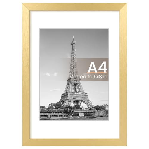 upsimples A4 Picture Frame, Display Pictures 6x8 with Mat or 8.3 x 11.7 Without, Wall Hanging Photo Frames, Gold, 1 Pack