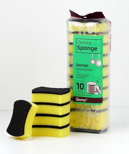 Image of Kitchen Cleaning Sponge - Scrub Sponge Kitchen, with black Scouring Pad, Pack of 10, Double-Sided Material, Double Side Effect, Polyester and Sponge, yelow /black