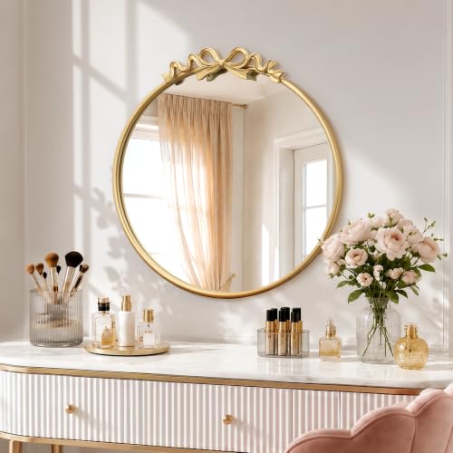 Besdomus Vintage Bow Gold Mirror: 27" Antique Round Wall Vanity Mirrors by Besdomus - Used condition - US$95.99