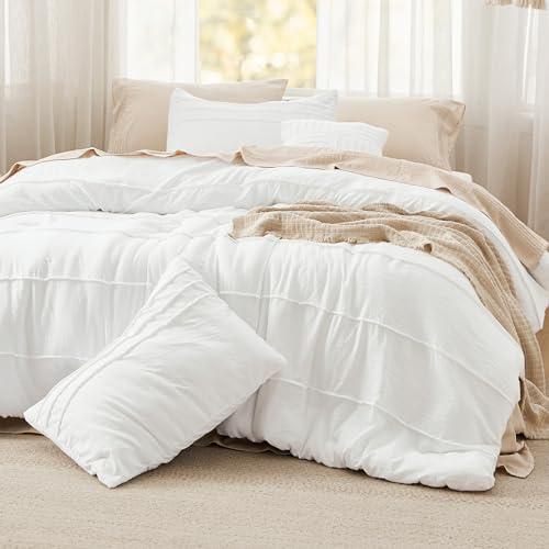 Image of Bedsure White Oversized King Size Comforter Set - 4 Pieces Pinch Pleat Bed Set, Down Alternative Bedding Sets for All Season, 1 Comforter, 2 Pillowcases, 1 Decorative Pillow