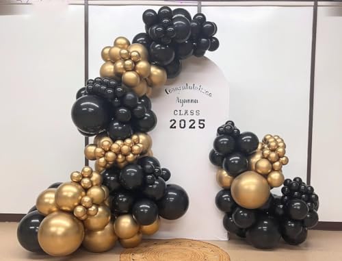 Image of Black and Gold Balloon Arch Garland Kit 153pcs with Star, 22 18 12 10 5in Different Size Black and Gold Confetti Latex Balloons for Birthday Anniversary Graduation New Year Party Decoration