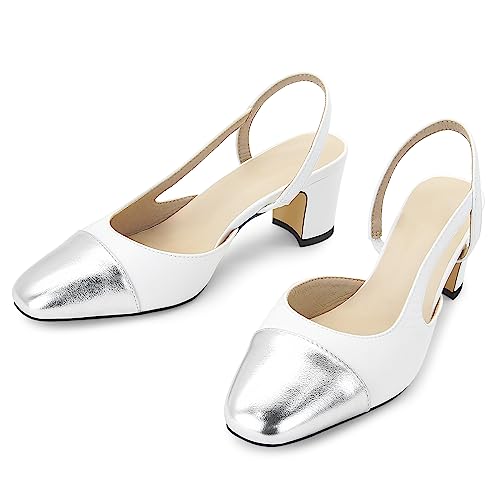 Image of MICIFA Slingback Heels for Women,Round Toe Chunky Heeled Pumps Ankle Strap Fashion Splicing Dress Shoes