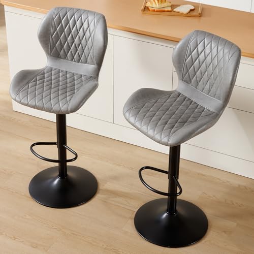 Image of Bar Stools Set of 2, Adjustable Bar Stools with Back, Modern Swivel Fabric Counter Height Barstools for Kitchen Island Chairs Counter, Pale Grey