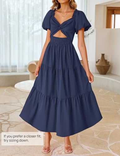 Image of ZESICA Womens Summer Casual Flowy Vacation Maxi Dress 2026 Short Puff Sleeve A Line Smocked Cutout Beach Party Dresses