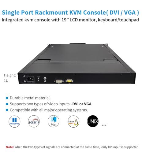 Image of 1U KVM 19 inch Rack Mount Monitor Keyboard, Single DVI /VGA Input with Cables