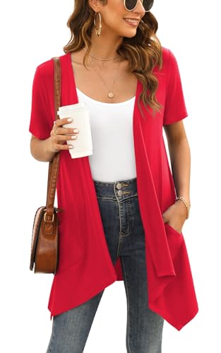 Image of Veryoung Floral Short Sleeve Cardigans for Women Casual Drape Open Front Lightweight Summer Cardigan with Pocket High Low Hem