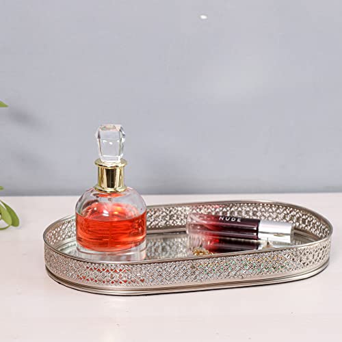 Image of Craft Brio -A TRENDY HANDICRAFTS Oval Glass Mirror Silver Plated Tray Decorative Vanity Perfume Storage Pooja Wedding Gifting Metal Laser Cutting Trays (28 X 16 cm)