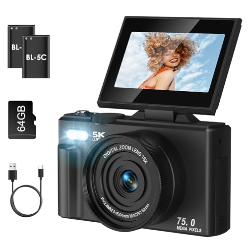 SOPPY 5K Digital Camera with WiFi Transfer, 75MP Vlogging, 18X Zoom & 3 Flip Screen, Auto Focus YouTube Camera, 64GB SD Card Included, Compact for Kids, Teens & Beginners, Black