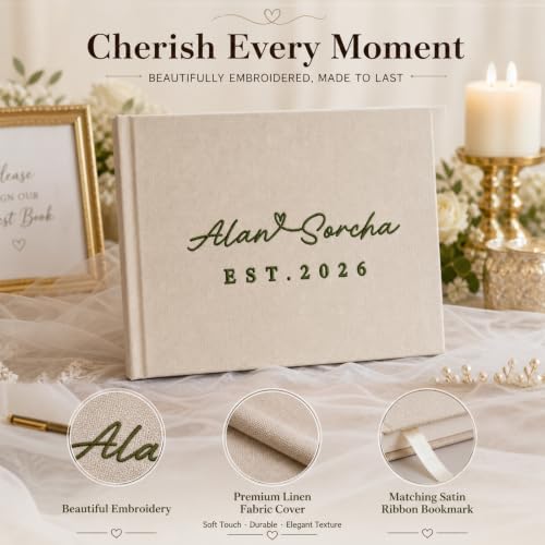 Image of Custom Embroidered Wedding Guest Book with Last Name Linen Hardcover Album